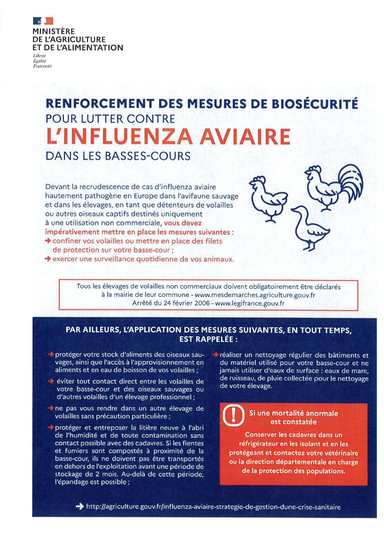 Influenza aviaire dans les basse-cours : renforcement des mesures de biosécurité