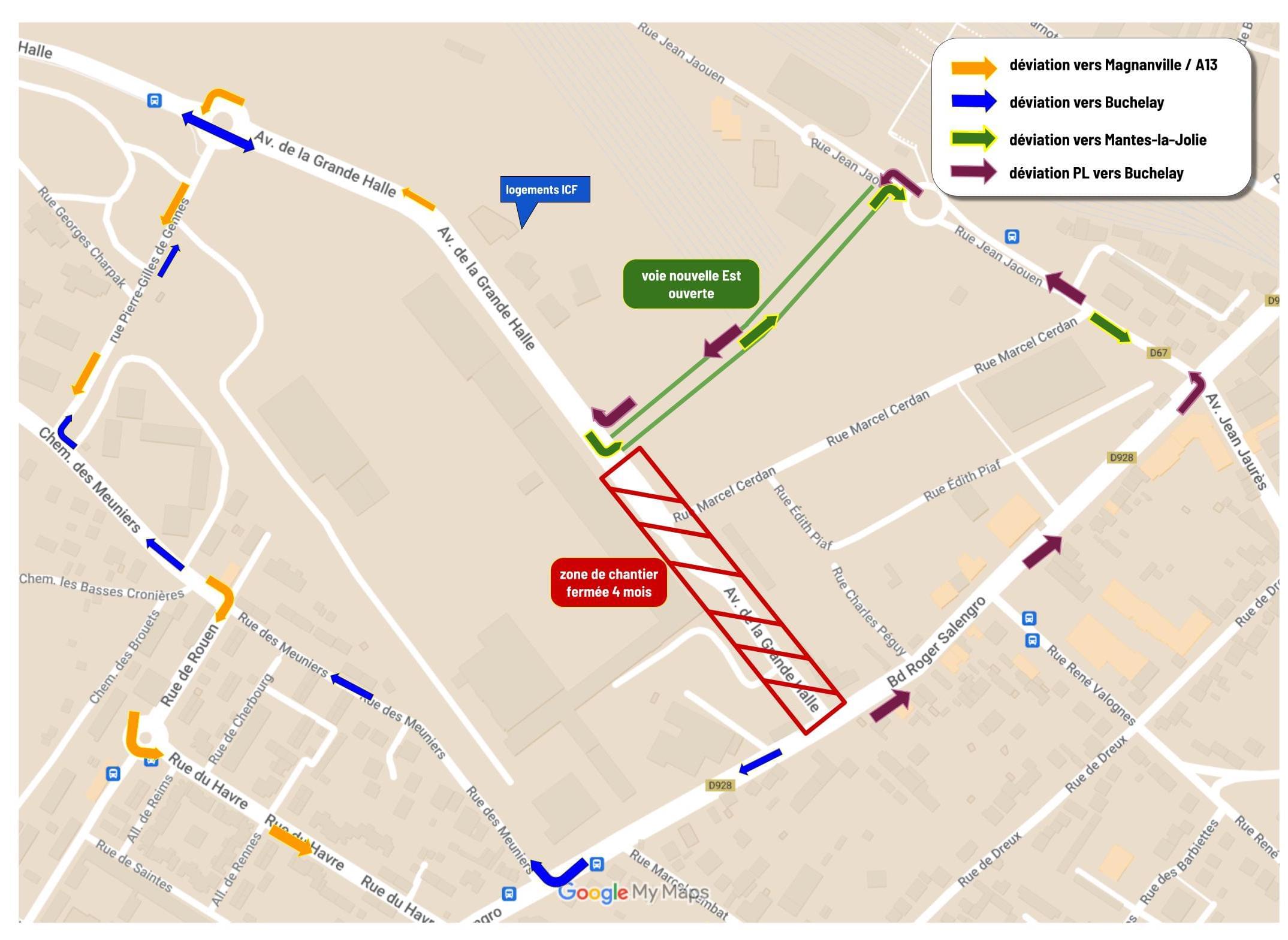 Les 4 déviations mises en place pendant les travaux Av de la Grande-Halle.