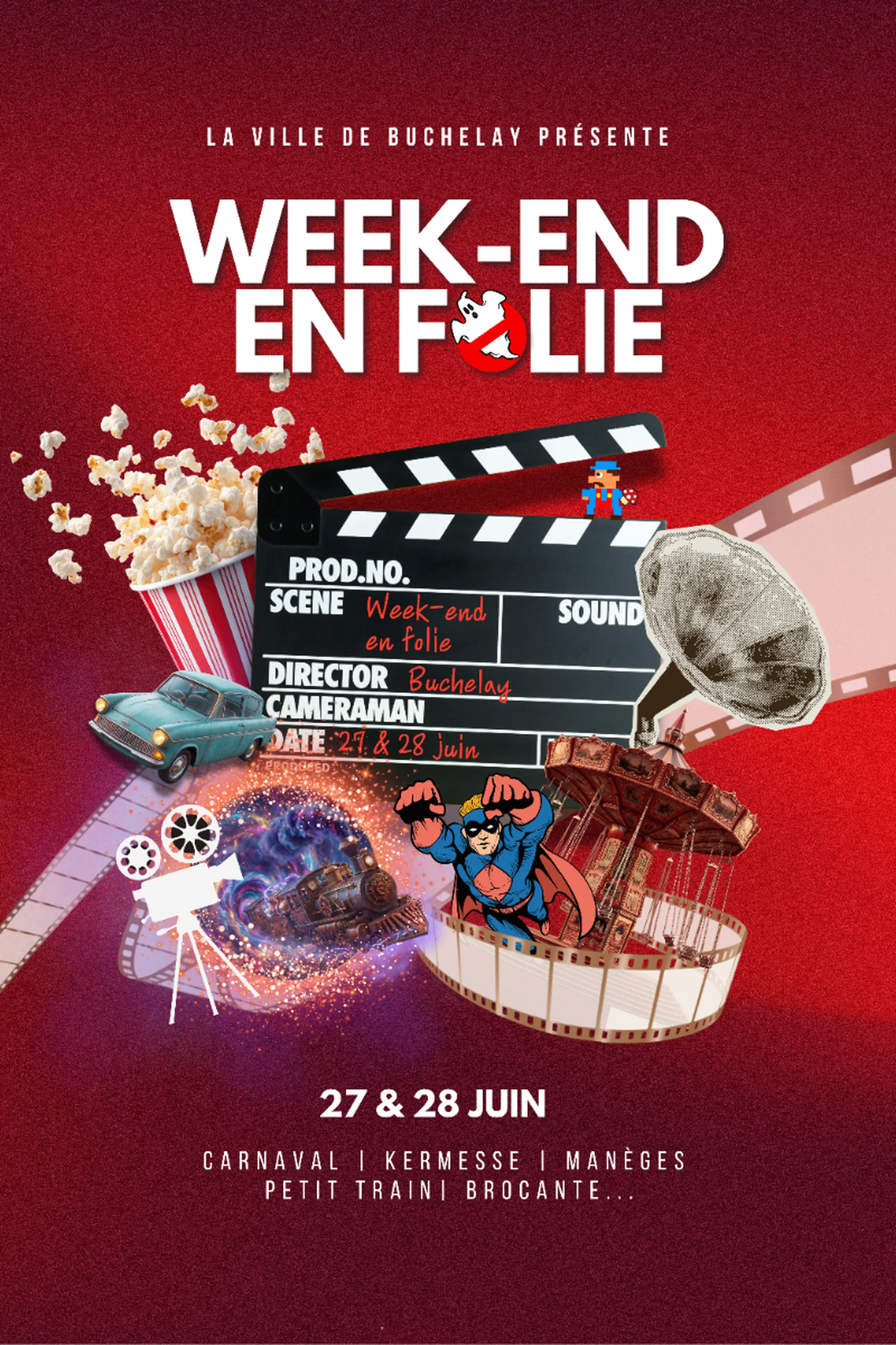 Affiche du Week-end en folie 2026 fond rouge avec des éléments sur le thème du cinéma