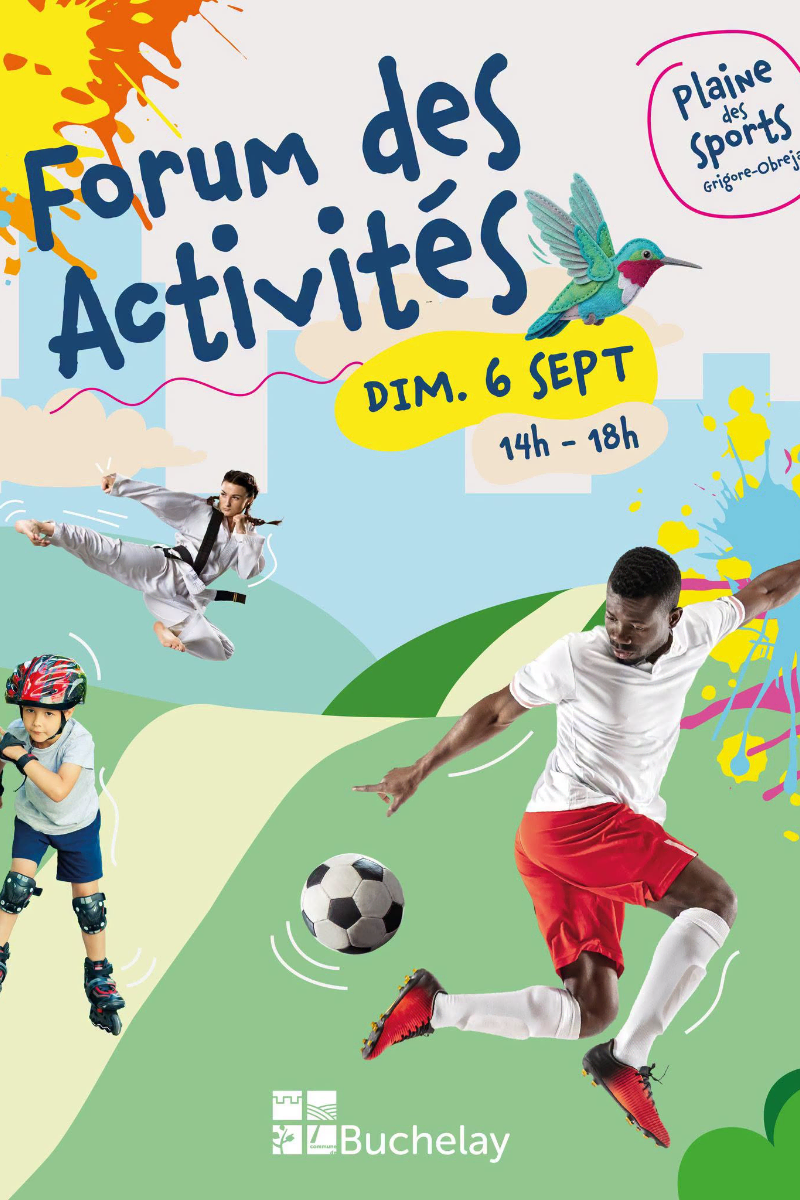 Forum des activités avec un homme qui joue au foot, un enfant qui fait du roller et une femme qui fait un sport de combat