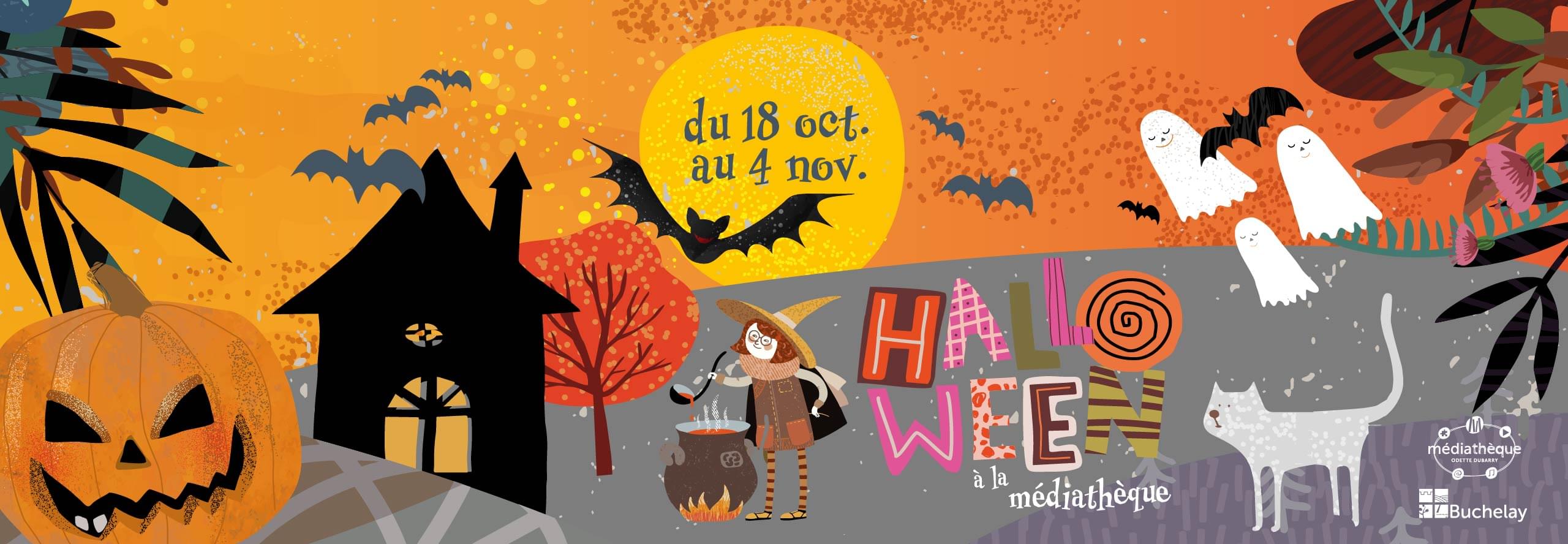 Bandeau d’illustration Halloween à la médiathèque 2025