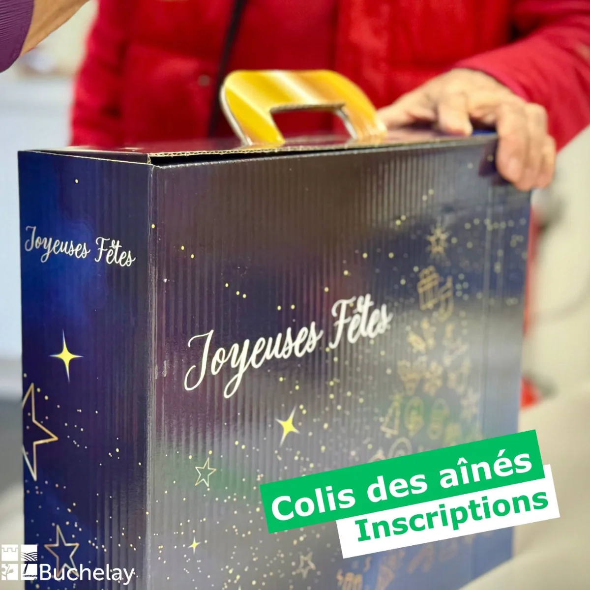 Colis des aînés de Buchelay, boîte joyeuses fêtes bleu et blanche