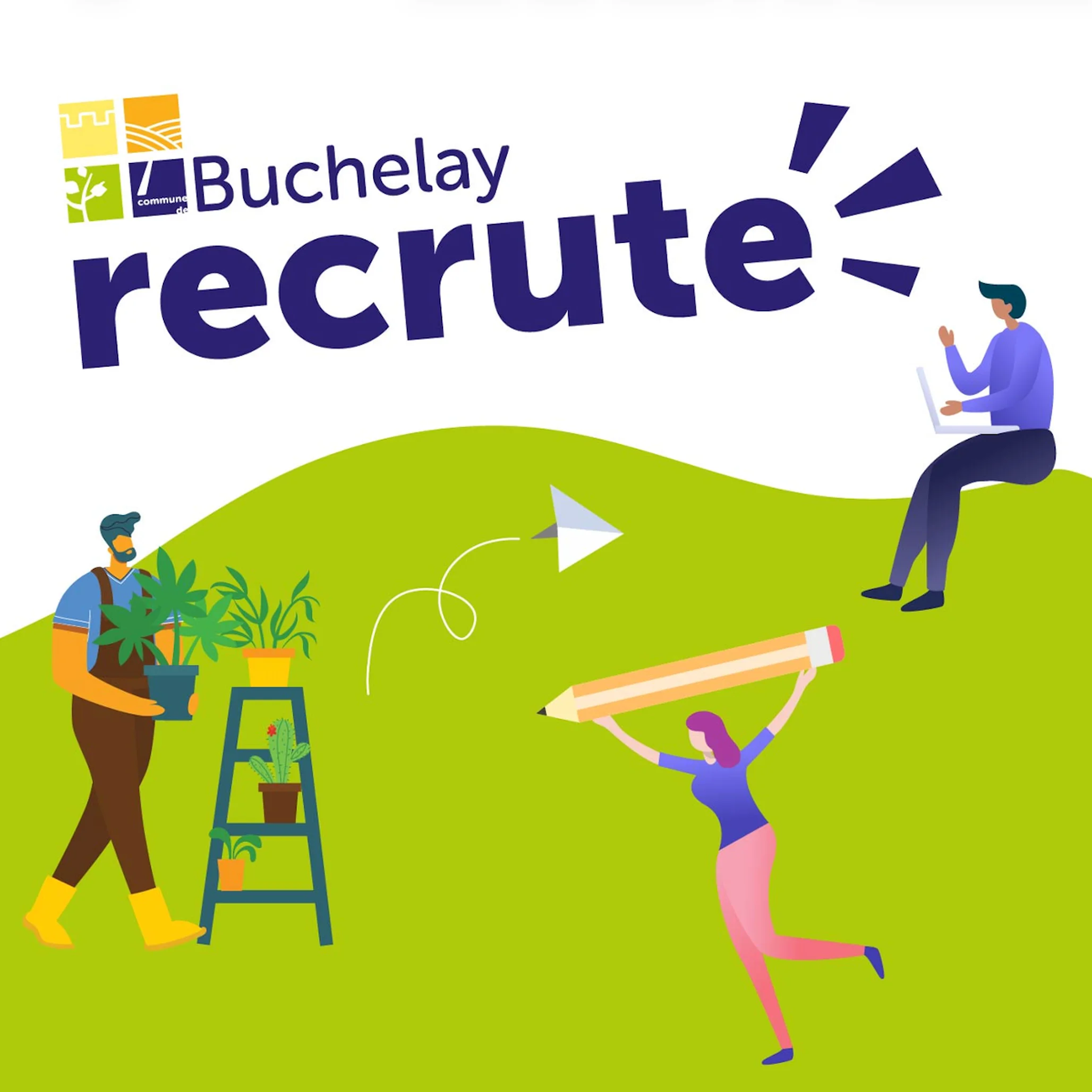 Illustration de la ville recrute vert et blanche avec des personnages