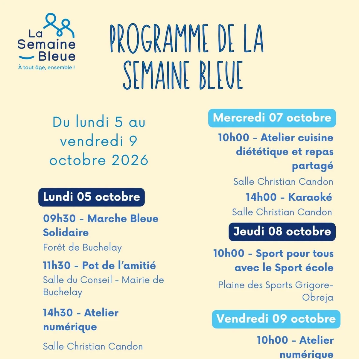 Programmation de la semaine bleue à Buchelay avec toutes les dates de la semaine 