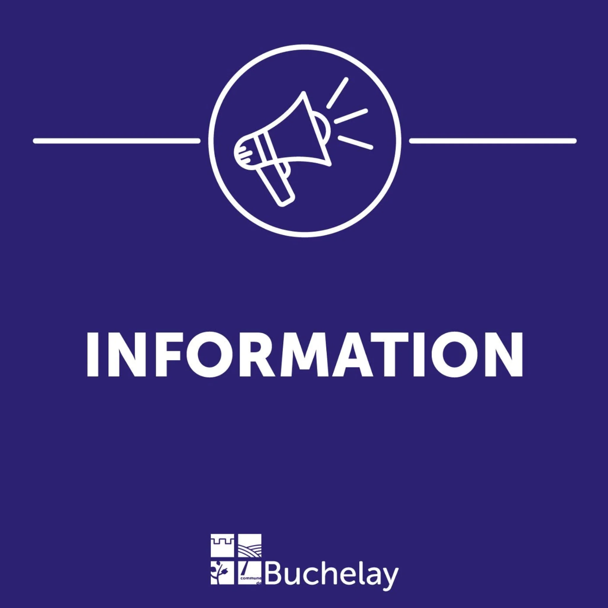 Visuel informatif bleu et blanc avec logo de la ville de Buchelay