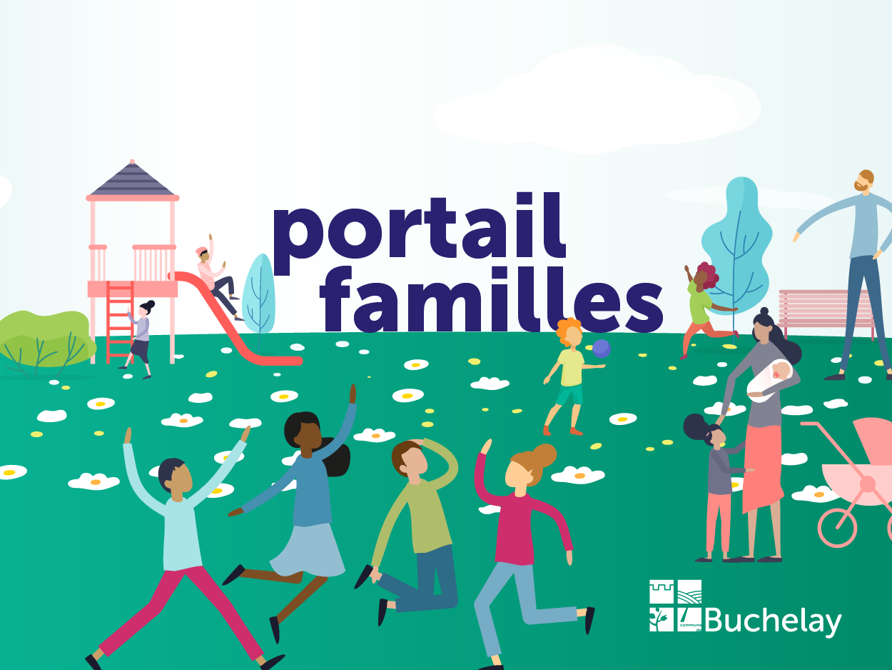 Illustration représentant des enfants et des familles jouant sur l’herbe