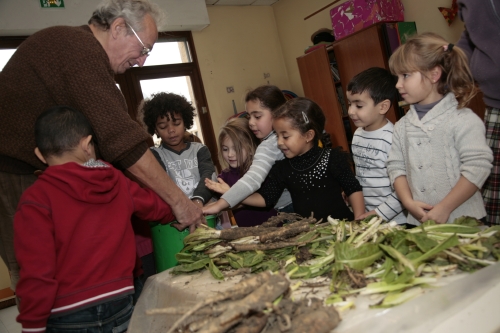 Leçon de jardinage avec Robert Woelflé pour les élèves de l’école maternelle.