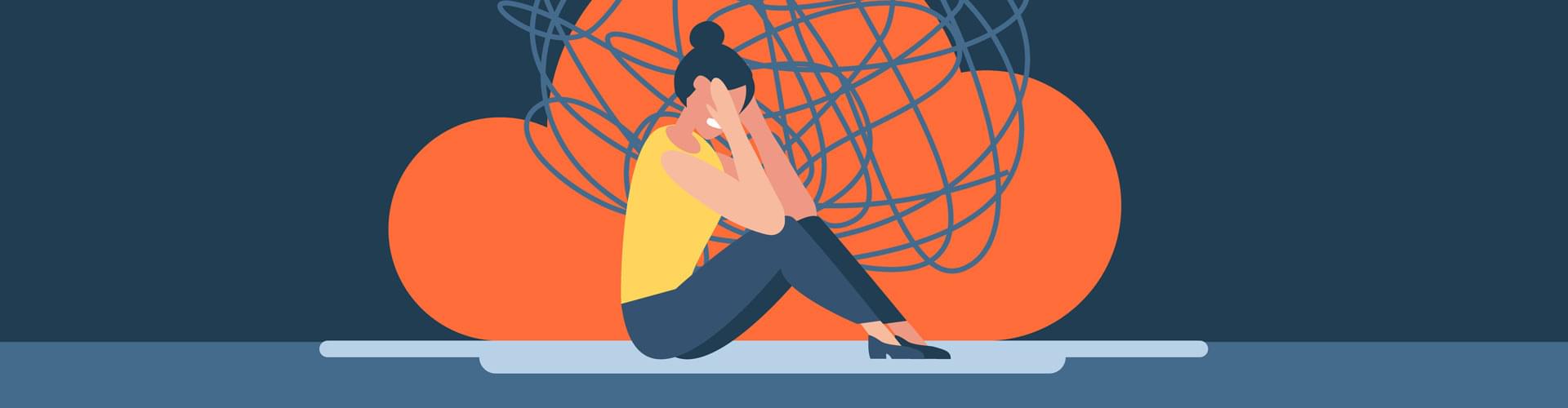 Illustration représentant une femme assise et se prenant la tête